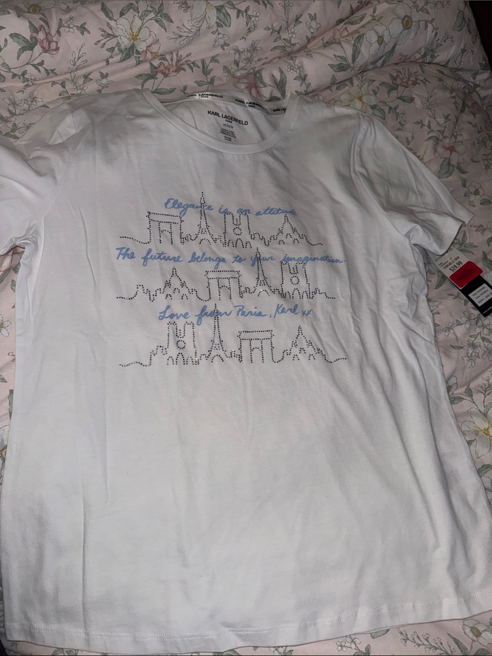 Karl Lagerfeld White Short Sleeve Tee with Blue Script and Graphic